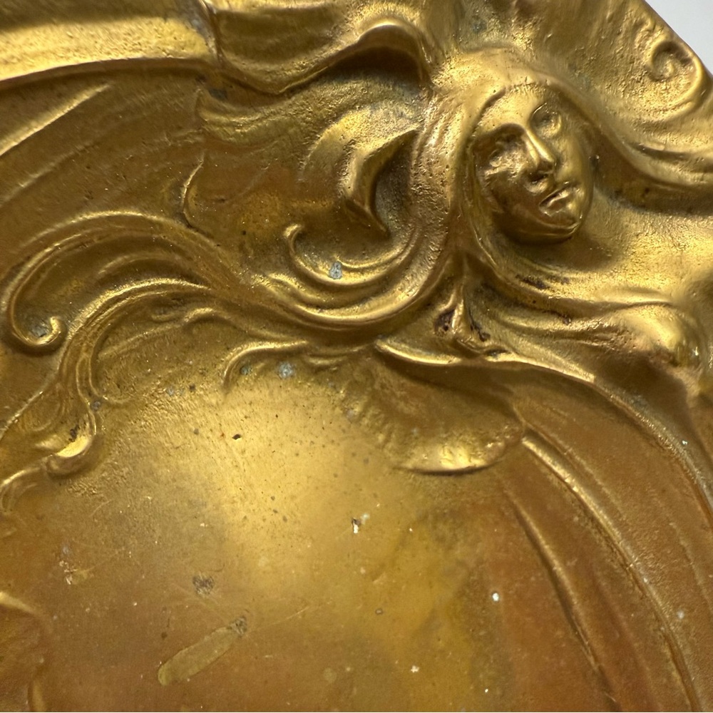 Vintage Art Nouveau Ethereal Woman Iris Floral Solid Brass Trinket Dish Catchall - Picture 7 of 12